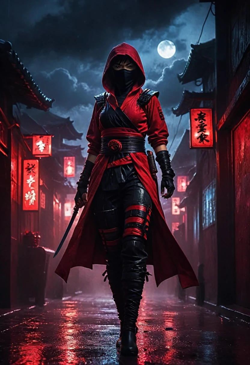 a female assassin ninja in red and black ninja outfit, at night, black and red buildings , dark foggy sky, cyberpunk, fluorescent light, dynamic color palettes, red sky, red clouds, red moon, ominous weather, raining, anime inspired, hybrid art, (hyperrealism:0. 5)