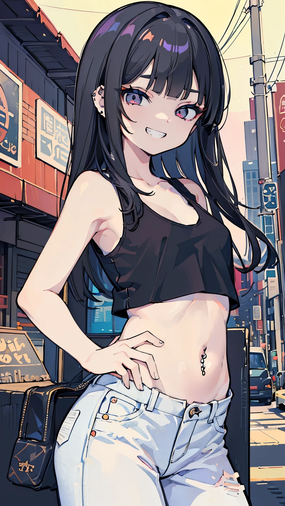 (masterpiece:1.37), best quality, (extremely detailed:1.37), woman, (mature:1.5), (adult:1.5), large breasts, very long hair, (straight hair:1.5), dark purple hair, purple eyes, (extremely detailed eyes:1.37), crop top, cleavage, navel, (groin:1.5), jeans, desperation, (wetting self:1.5), standing, embarrassed, humiliation, blushing, angry, city, futuristic, neon lighting, high-tech, street