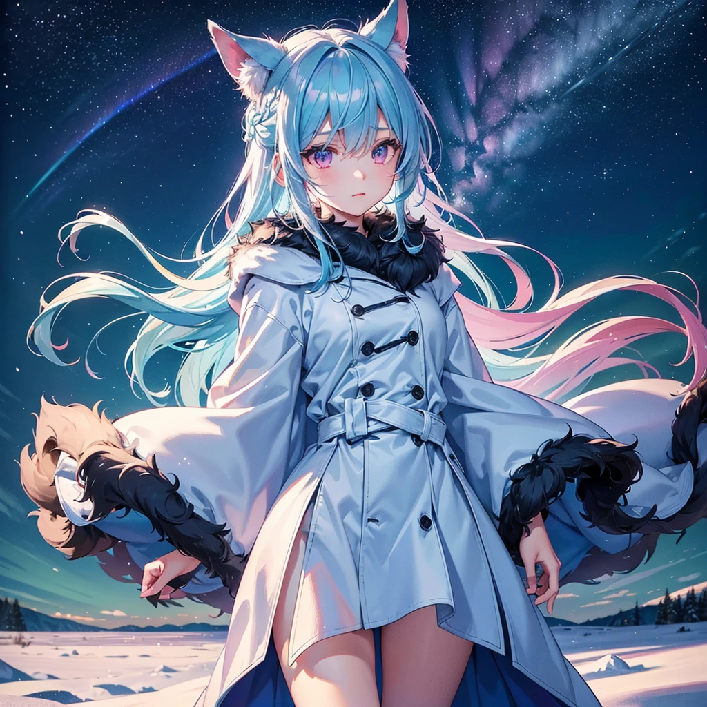 shota, long hair, space eye, glow eye, femboy, noen city, snowfall, midnight, fox ear, deep blue ear, fox tail, deep blue fox, deep blue jacket, cute, collar, Two tail, space katana, god , fur body, full body, the lower body is naked, snow fox, character, master piece, fluffy tail, current, shy, NFSW, Highest Quality, 8k, full HD, four ear fox, winter, oc, nude, soul fox blue