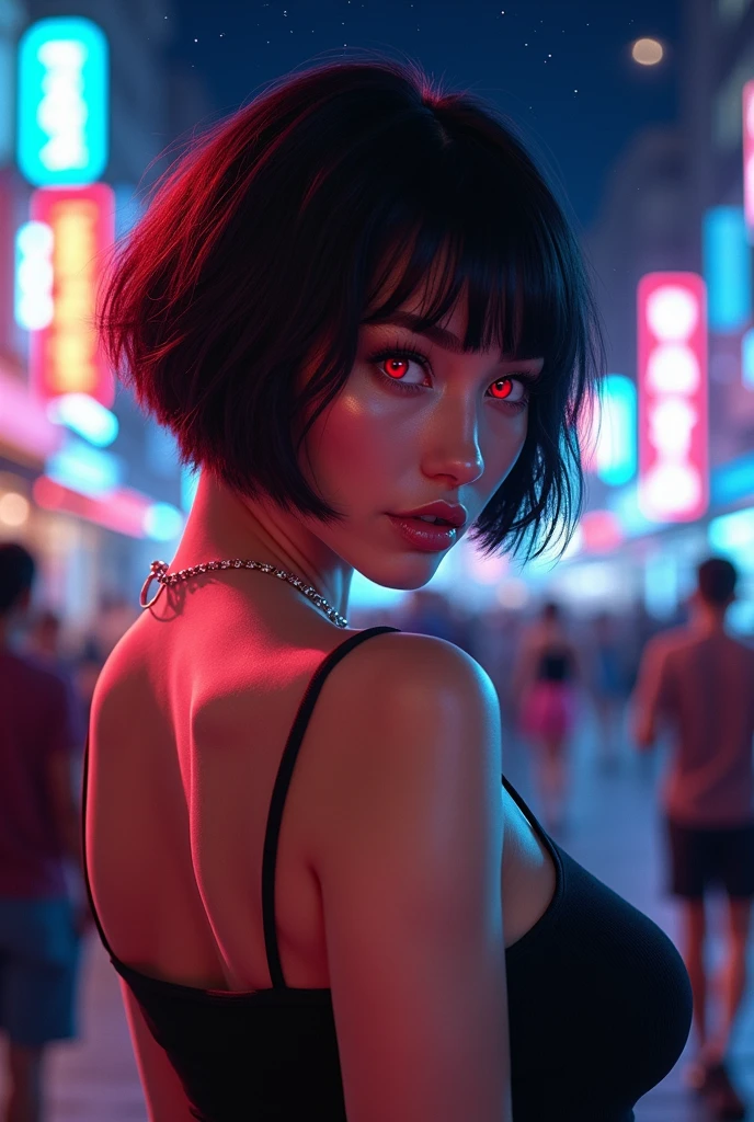 "A Above the waist portrait of a beautiful nude woman at night in a cyberpunk-style city. Her face is illuminated by the neon lights reflecting off the wet asphalt. The focus is on her expressive eyes, with vibrant hues of blue and pink from the city lights adding depth to her features. Her short, sleek hair is slightly damp from the soft rain, and she has a confident yet mysterious expression. The background is blurred but hints at futuristic, neon-lit streets, with the city's architecture subtly visible.", "size": "1024x1792" }