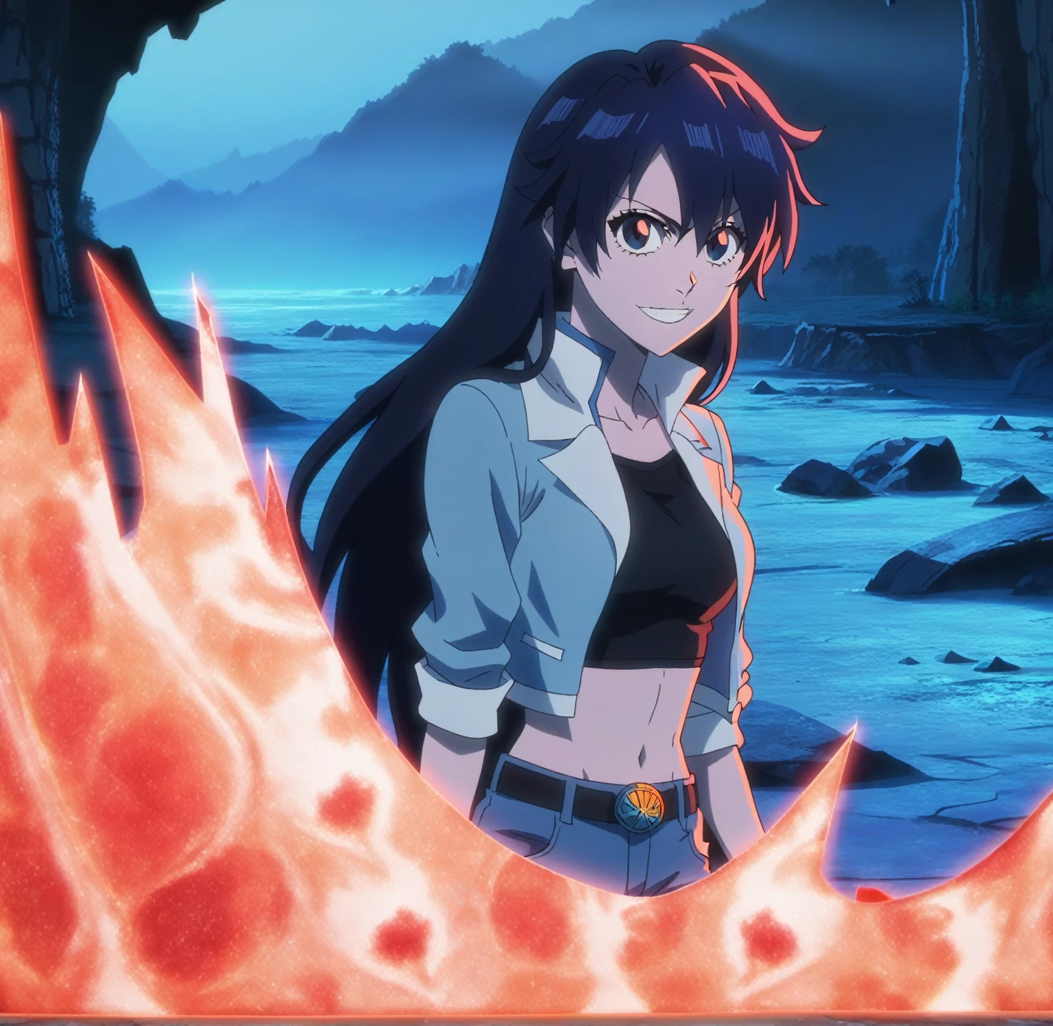 score_9, score_8_up, score_7_up, source_anime, anime screencap, canyon background, 1girl, solo, full-body, bambietta, long hair, medium breasts, blue jacket, teku logo, black crop-top, midriff, blue jeans, belt, looking at viewer, eye contact with viewer, smile, racing suit, white stripes, canyon background, night