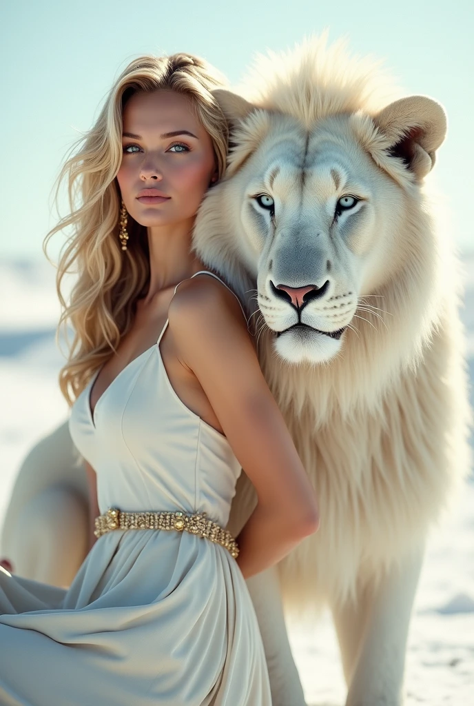 Elegant blonde girl with crown posing next to a white lion 