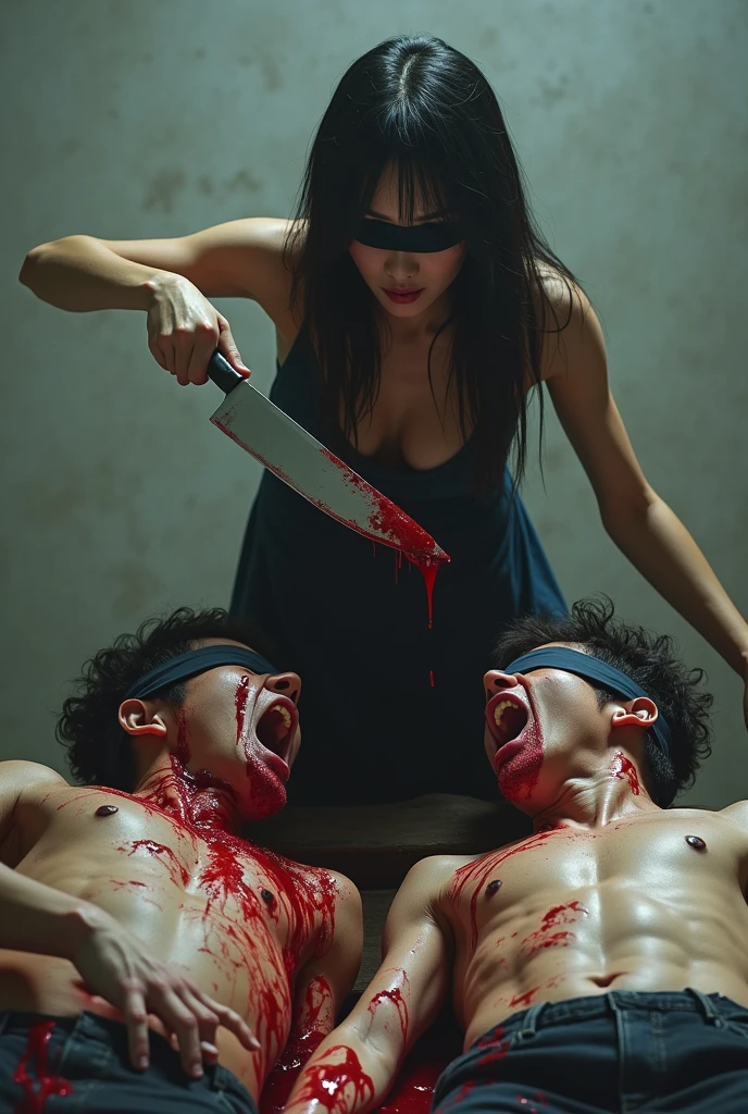 Japanese A beautiful Woman knife, cut throat A man handso me neck bloody splash, blindfold, full body, wide o pen throat