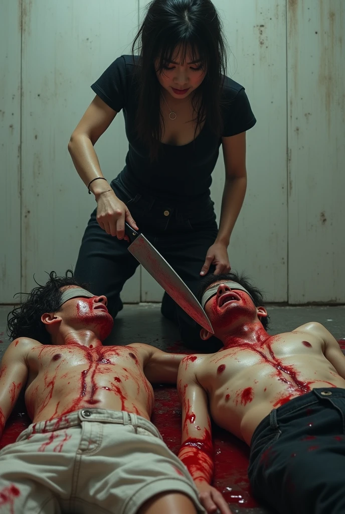 korean naked girl, (behind corpse, surgical mask), multiple girls, holding knife, stabbing, leather gloves, room full of blood, trucker hat, holding knife, leather gloves, behind corpse, blood splatter, long bangs, night, mass murderer, robbery, in the house, dark atmosphere, cinematic lighting, atmospheric realistic
