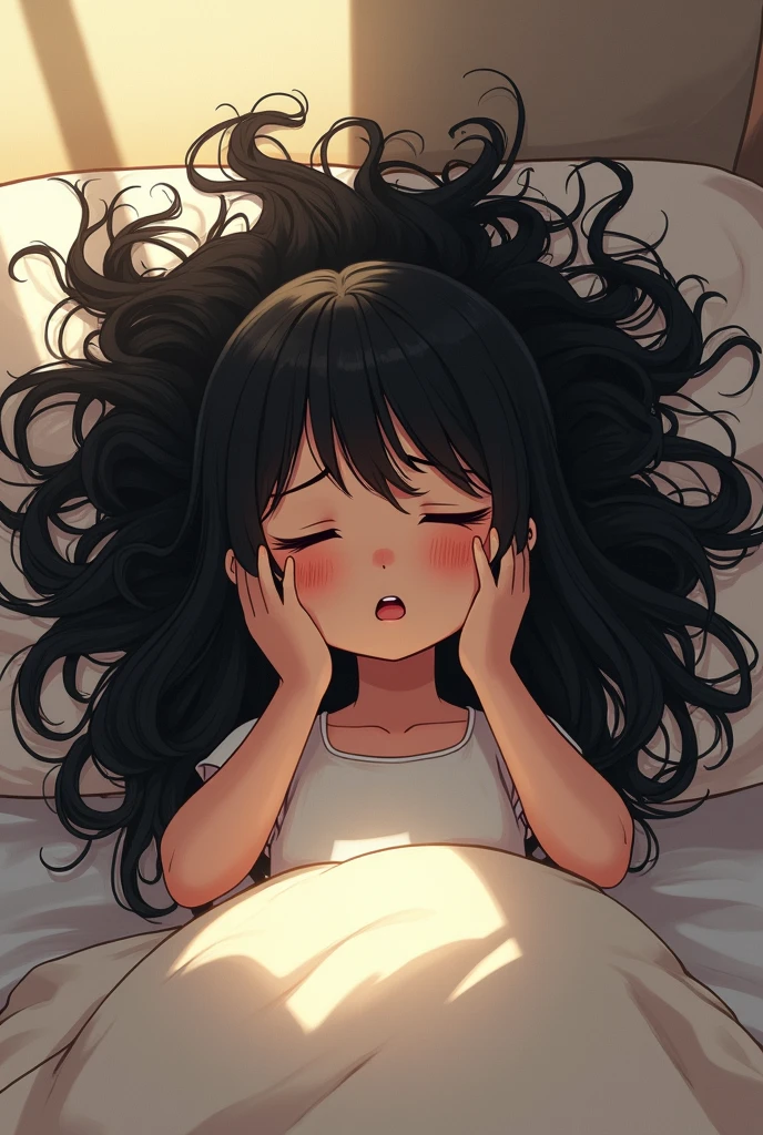 (masterpiece:1.4), high quality, high definition, sharp focus, detailed face, anime, best quality, 4k, 8k, absurd resolution, intricate detail, detailed hands, detailed eyes, animation, illustration, highly detailed, highres, extremely detailed, <lora:ETO_OCC002:0.7> ETO_OCC, black hair, curly hair,longhair, thick eyebrows, <lora:hyperdenoiser_v090:0.6>, (looking at viewer:1.6), (plump), (curvy), (thick), (hazel eyes:1.3), (parted bangs:1.4), <lora:ETO_OC:0.2> ETO-OC, <lora:perfetfingers:1>, pureerosface_v1, prettify, OverallDetail, Illust-InstaFilter, hotify, edgQuality, Earth-QualityPos, BodyPositive, Best_QualityPos, Extreme long shot, 1girl, breasts, skindentation, <lora:pinup_resize:1>, <lora:wake_up:0.8> wakeupyawn, yawning, covering mouth, sleepy, bed, pajamas, <lora:pajamas-10:1> pajamas <lora:sleepy_v100:1>