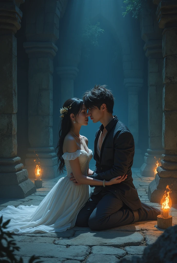 Beneath the soft glow of the moonlight, an Korean couple kisses tenderly on a traditional wooden boat floating along the serene Ganges river, the reflections on the water's surface shimmering like liquid silver, a sense of tranquility and spirituality fills the air, Sculpture, carved from marble with intricate details, capturing the ethereal beauty of the moment , cleavage