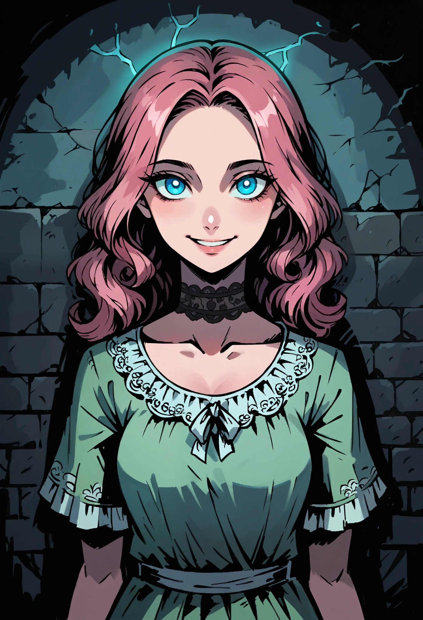 Medium close-up of pale, slender girl, long wavy pink hair. 20 years old. Detailed blue eyes and thick eyebrow. Smiling face expresion, looking directly at the viewer, with a finely detailed, ultra-clear face. Black lace choker. Prairie green dress with lace details. The design is highly detailed, with thick outlines and dramatic lighting, inspired by Chris Bourassa. Azure neon disk behind. The background features a weathered brick wall with azure neon light, creating dark, atmospheric scene. Highly detailed, inspired by Chris Bourassa's. Dramatic lightning, azure neon lamp lights. Somber character design with thick outlines. Azure neon disk