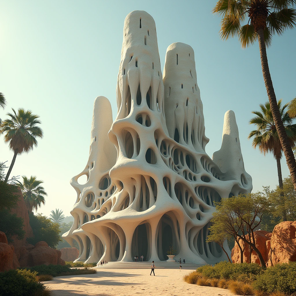 A majestic view of a Gaudí architectural masterpiece seen from afar, standing out against the vibrant landscape of India. The strong sunlight creates a dramatic contrast, casting deep shadows while indirect light subtly reveals the intricate details of the shaded areas. The flowing, organic forms of the building rise elegantly against a backdrop of palm trees, earthy Indian structures, and a clear, bright sky. The powerful contrast between light and dark enhances the surreal beauty of the architecture, making it look both timeless and otherworldly in this exotic, contrasting environment.