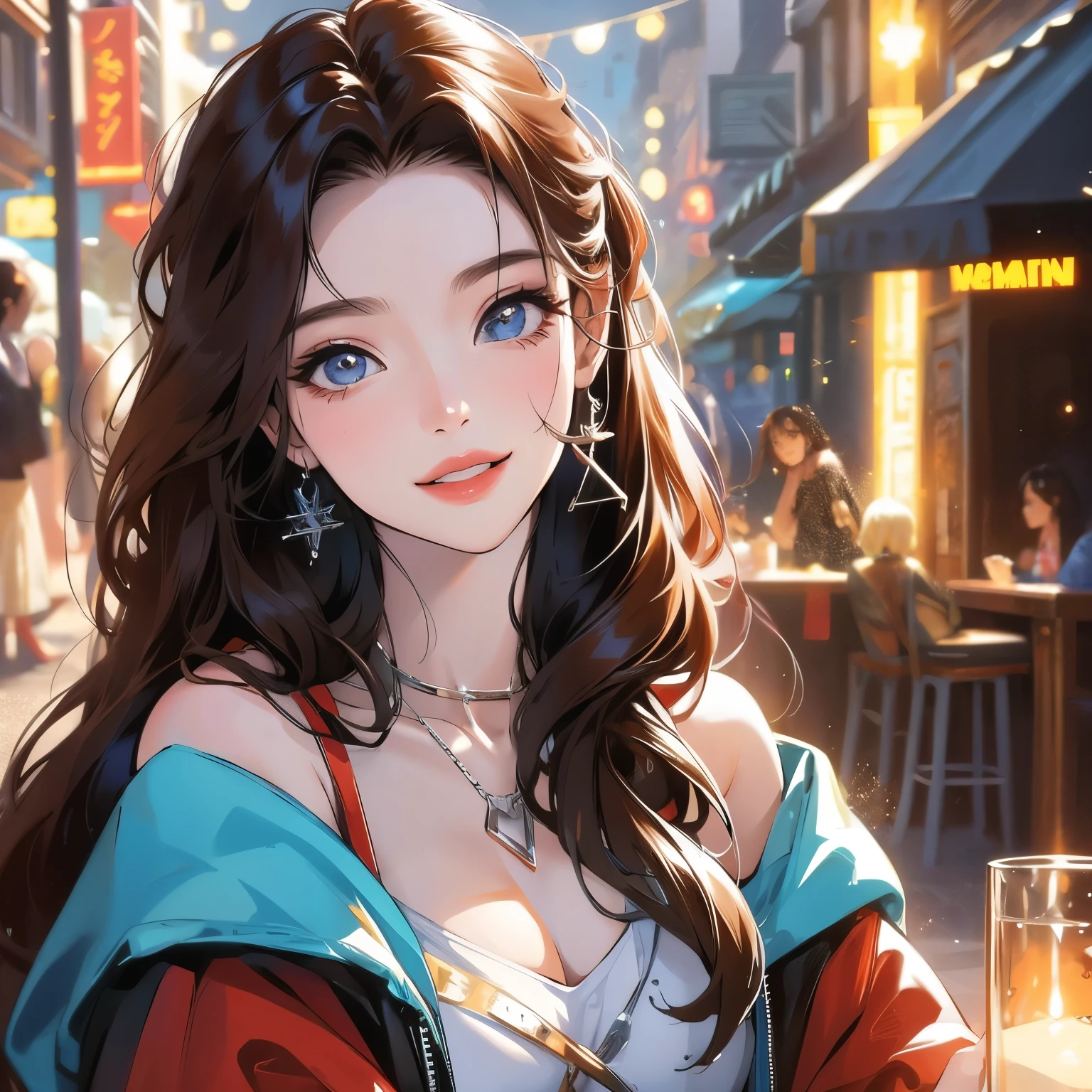 A young Japanese beauty sips beer from a beer jockey in an 80's anime-inspired setting. She sits on a wooden stool, surrounded by neon-lit cityscapes at dusk. The beer jockey is held elegantly between her fingers, with a subtle smile playing on her lips. Her long black hair flows like silk in the soft glow of the city lights, while her bright pink dress adds a pop of color to the scene.