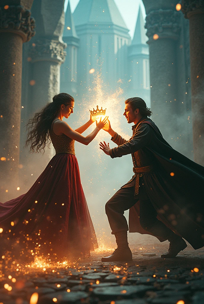 A beautiful princess and a handsome prince in opulent imperial attire, looking fondly at each other, 1girl, 1boy, ornate crown, regal jewelry, sweeping cape, shimmering silk, romantic expression, warm lighting, dreamy atmosphere, (best quality,4k,8k,highres,masterpiece:1.2),ultra-detailed,(realistic,photorealistic,photo-realistic:1.37),HDR,studio lighting,professionally painted,vivid colors,elegant,fairytale,fantasyMasterpiece, Anatomically Correct, High Details, Super Detailed, 