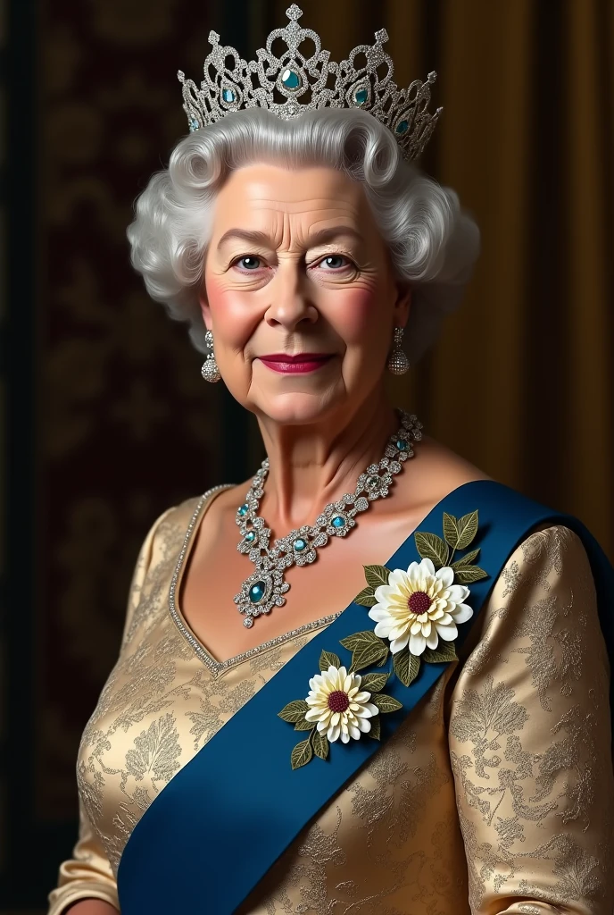 Reina Elizabeth II, dressed in white with a state crown