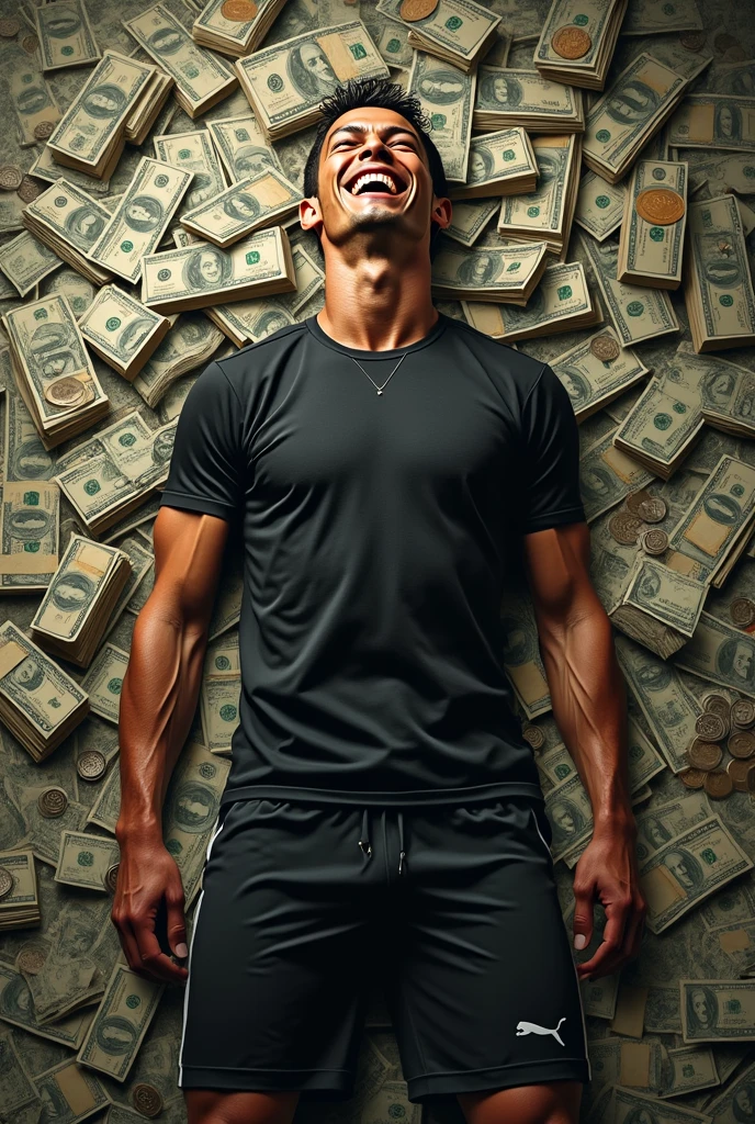 Foto extremamente detalhada realista de um lindo e jovem homem de 36 anos brasileiro gordinho barbudo sorridente em um lindo terno, surrounded by a flood of very detailed, very realistic dollar bills, carros de luxo, Notas Reais, joias caras, Epic composition, Las Vegas, 4k, 8k, 16k, 32k, 64 mil