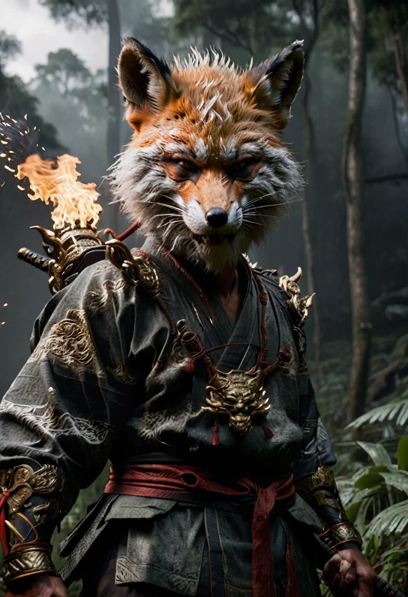 generate of "a chinese male fox demon, he is wearing a mask samurai, he is surrounded by flame and sparks." (Emphasizes mystery),
wide shot of assassin hunters, his face obscured by shadows, with the jungle Maw's eye reflecting in the blade's glint." (A more intimate and symbolic image.),
"Dark, gritty realism, with dramatic lighting and a sense of the environment's danger.",a perfectly shaped figure, situated in a sultry forest environment and with sharp corners and thick fog, white clouds with black lines, smooth lines, very realistic, octane rendering, unreal engine 5, 3d blender model, trending art station with raw style --ar 85:128 --v 6.1