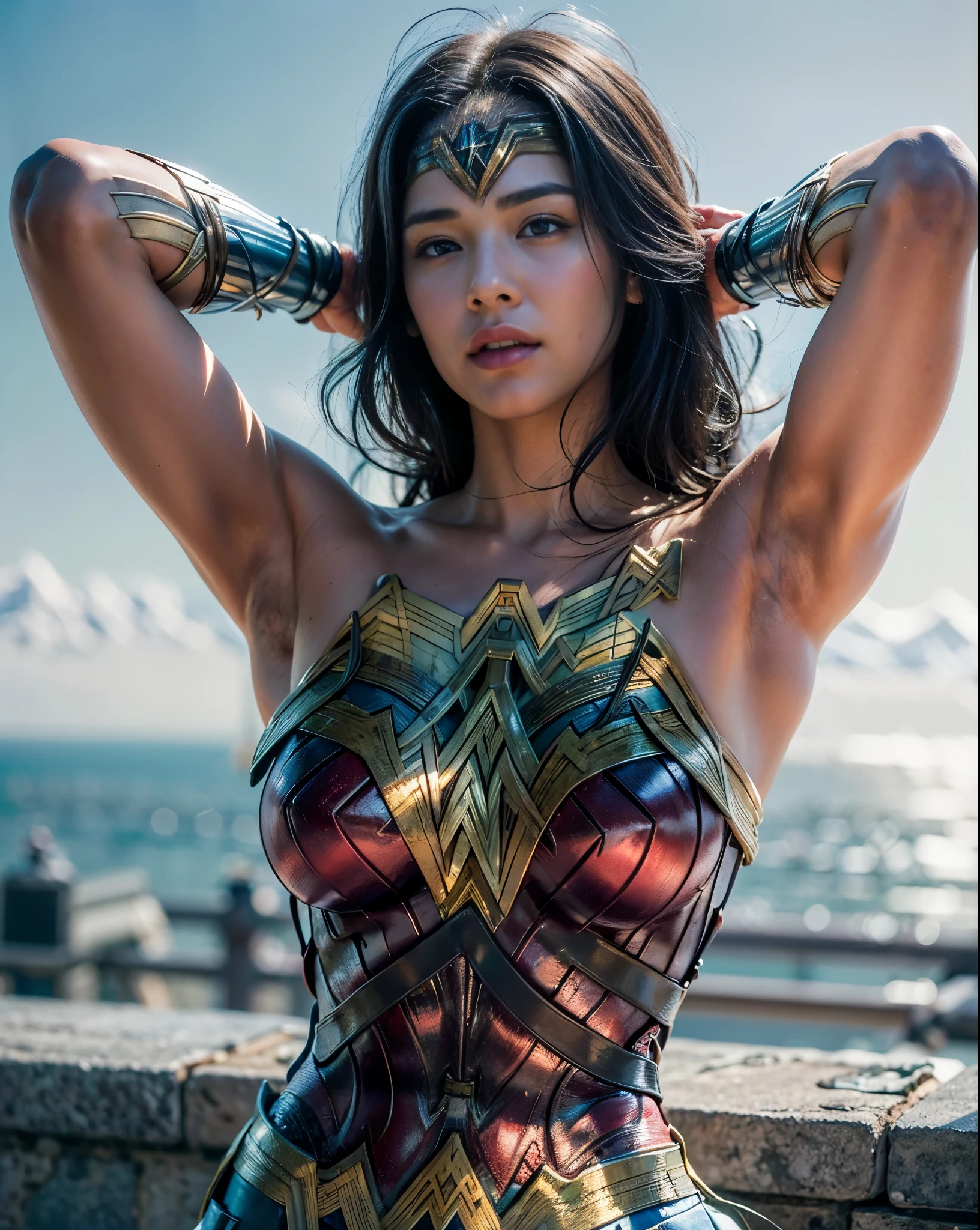 (masterpiece:1.1, Best Quality:1.1, 16 K, High resolution), Gal Gadot, Ultra-realistic portraits, Ultra-detailed, Illustration, abandoned hut, farm, (yawn and closed eyes:1.2, ultra Huge breasts:1.1, Exposed shaved armpits:1.25, squat down pose:1.1, Realistic Wonder Woman Cosplay), ultra detailed face, hyper detailed skin texture,