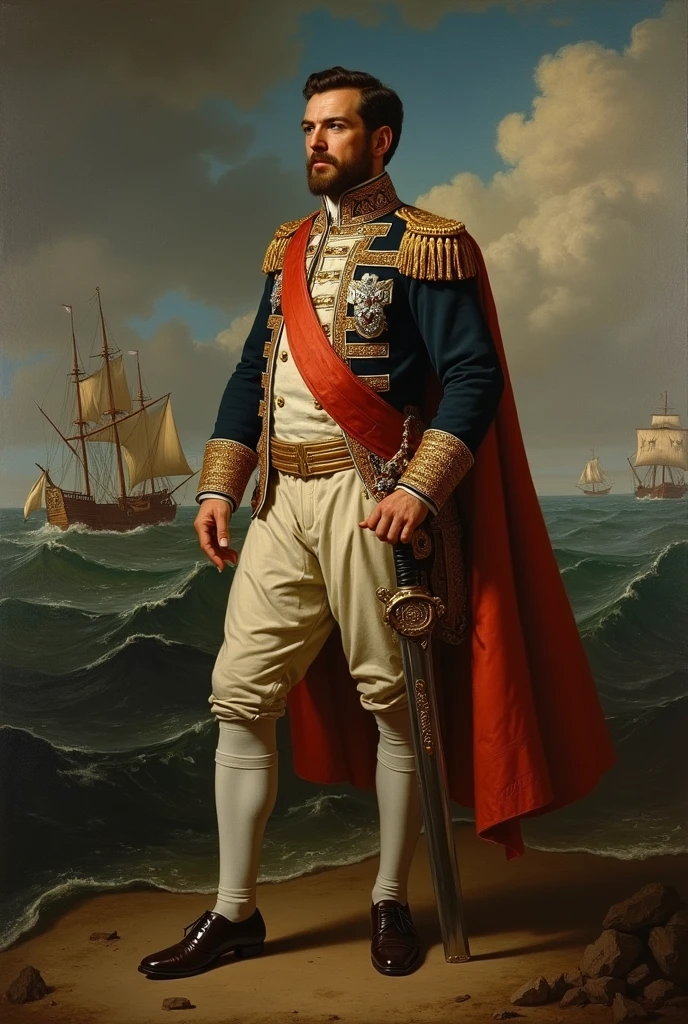 painting of a man in uniform standing on a boat in the ocean, portrait of a napoleonic admiral, portrait of homelander, captain, naval landscape, a portrait of richard wikström, inspired by Horatio Nelson Poole, inspired by Horace Vernet, by Friedrich Gauermann, carl friedrich, by Joseph von Führich