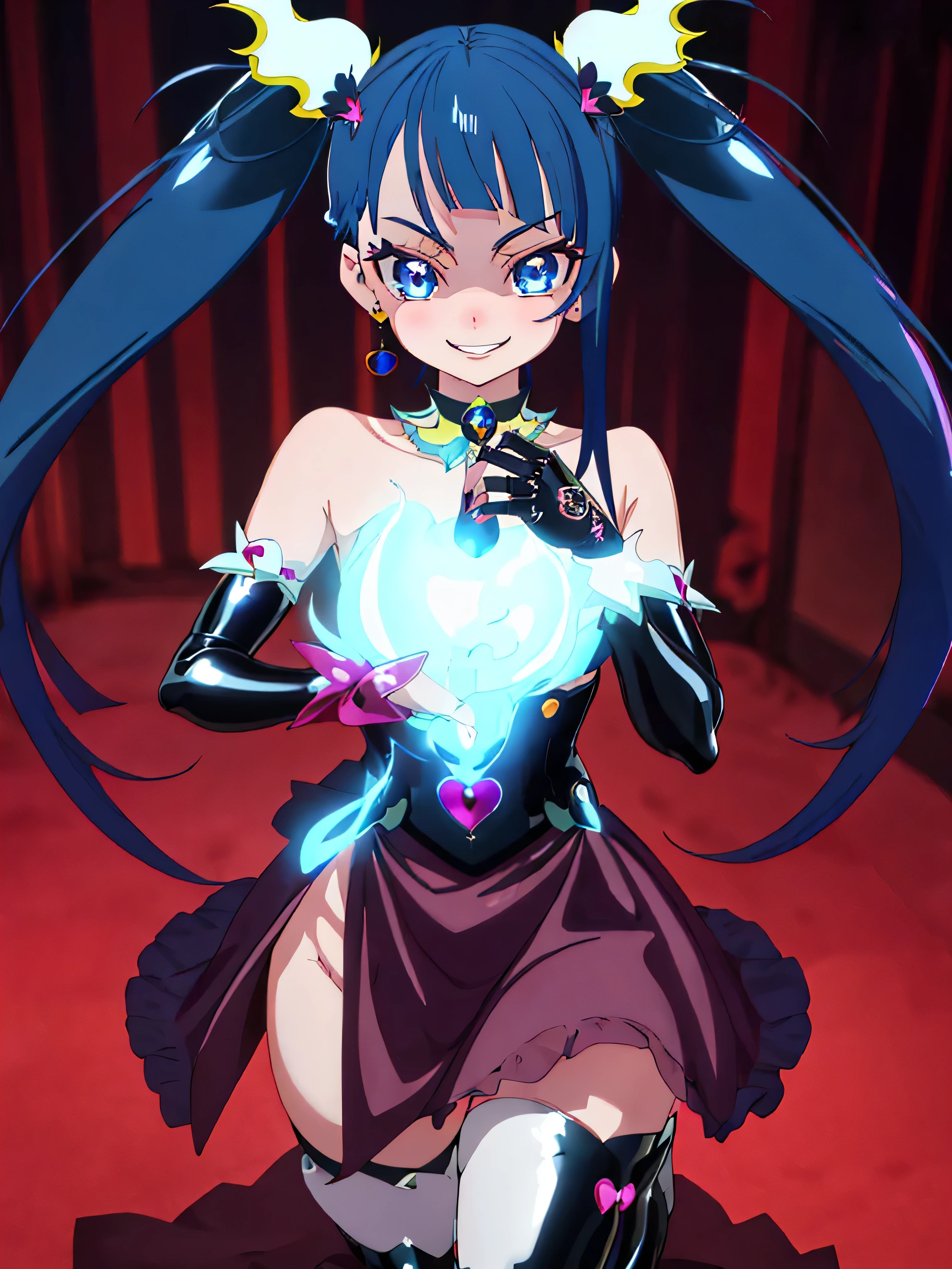 Highest quality, Very detailed,One Girl, alone, {cure_null_hirogarunullprecure:1.15}, Dark blue hair, blue eyes, Blue flames in the eyes, Long Hair, Twin tails, Magical girl, bangs, Open your mouth, Redhead, multicoloRedhead, One Girl, blunt bangs, Darken your clothes, hair ornaments, Wicked Smile, devilish aura (Shiny fabric:1.5), Full Body Shot, Purple Gemstone, attractive, blush, (Beautiful attention to detail:1.6), Very detailed顔, Perfect lighting, Extremely detailed CG, (Perfect hands, Perfect Anatomy), devil, Red and black color scheme, Shiny material, Grin, Black ribbon, black satin gloves, Evil clover leaf ornament, Black frills, jewelry, corruption, Latex Gloss, Black Gothic Cape, Wicked Smile,(Spooky world)))), (((Horror World))) ,((masterpiece)), ((Highest quality)), ((Very detailed)), (figure), ((Very delicate and beautiful)), , cloudy null, CG Style, One-sided black wing,Dark shadowed face,Sadistic smile,Malice,Contempt,smile,black,Perfect hands,Perfect body,shiny latex Elbow full gloves,Perfect face,Black Miasma、