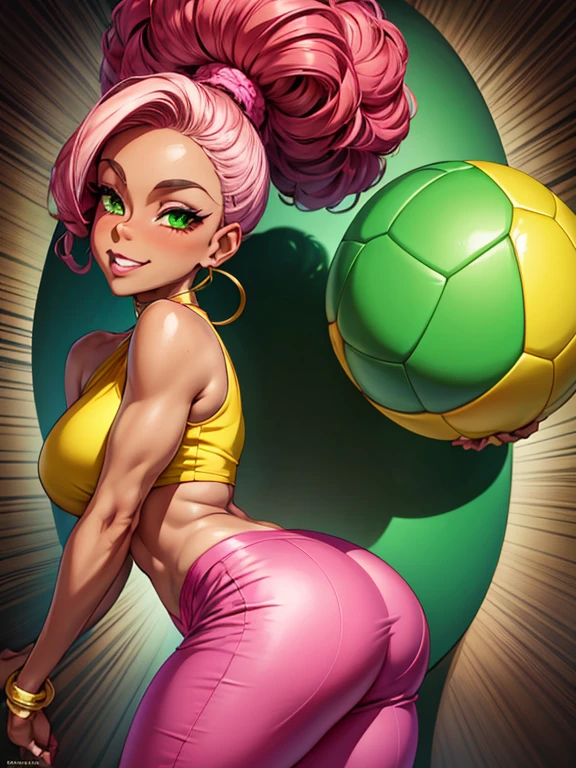 drawing of a woman in a pink top and green pants with a soccer ball, caricature!!!, caricature style, in cartoon style, caricature, hiphop, caricature illustration, charicature, caricatural, by Hugh Hughes, she is dancing. realistic, hip-hop, hip - hop, by Carla Wyzgala, !!!! very coherent!!!!, pop art cartoon style