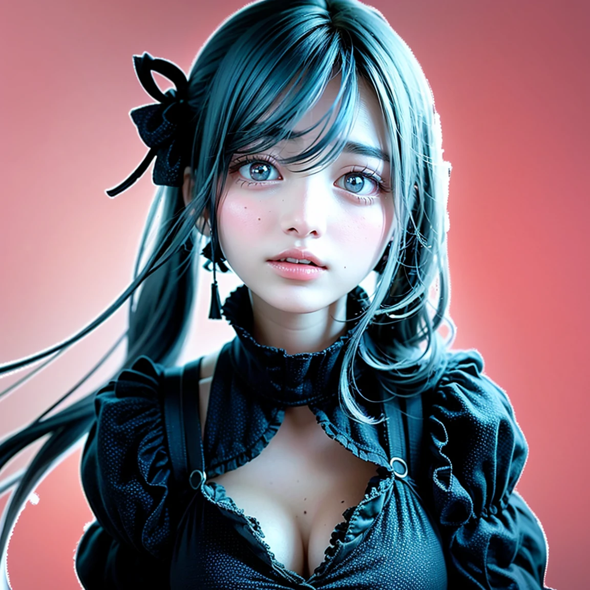 black girl, with black dress, gothic, curled hair, overnight, industrial photo,