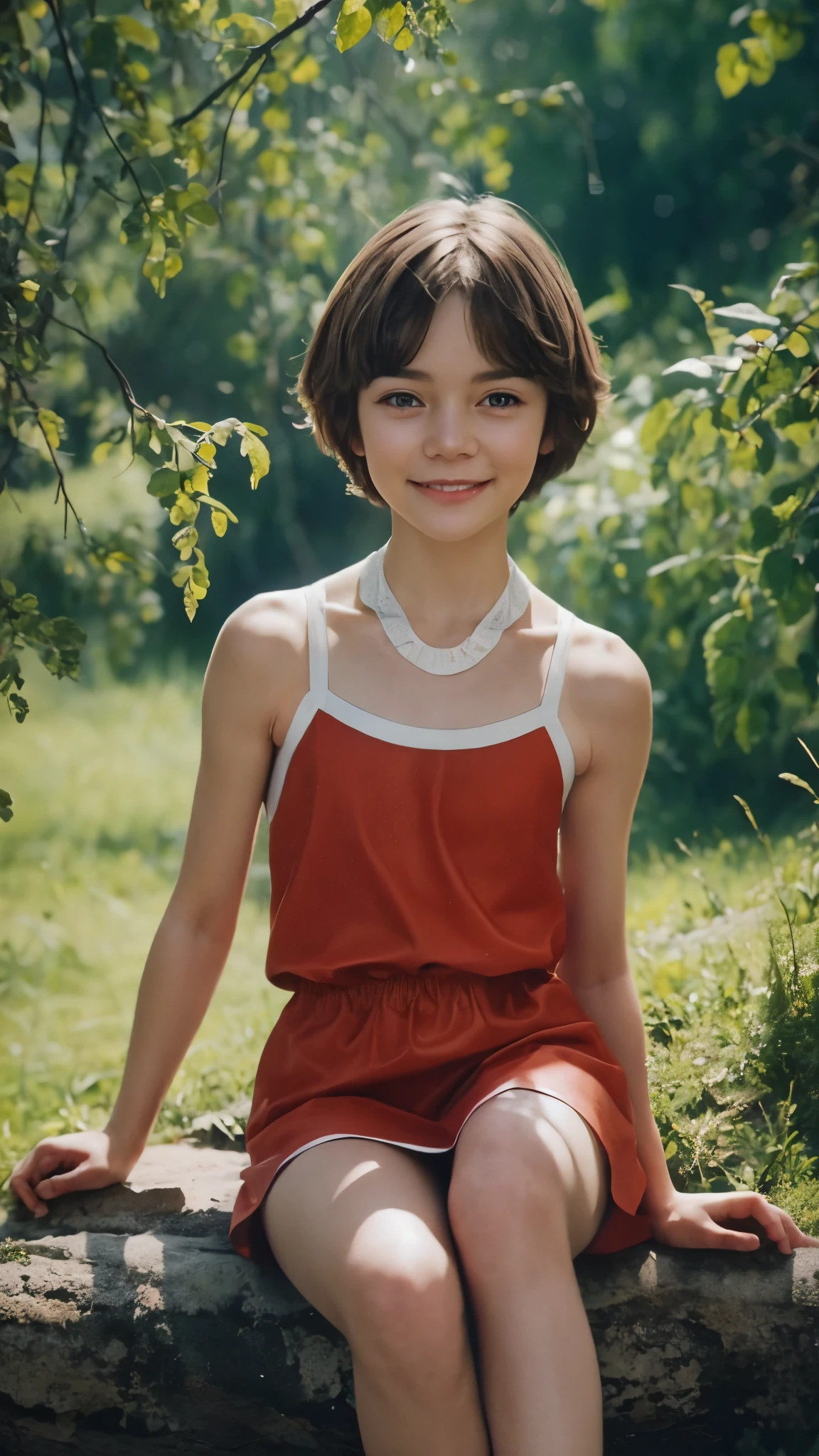 masterpiece, beautiful  skinny schoolgirl, sitting, short hair, smile, short red dress, very detailed, the forest, lake, , Brown hair, solo, Realistic anatomy, masterpiece, Cowboy shoot, jewelry, short hair, skinny Breasts, Textured leather, Very detailed, high detail, best quality, Smile, Cowboy shoot, Lighting effects of the film, Movie, Futurism, photorealism, Portrait photography, realism, Unreal Engine, 