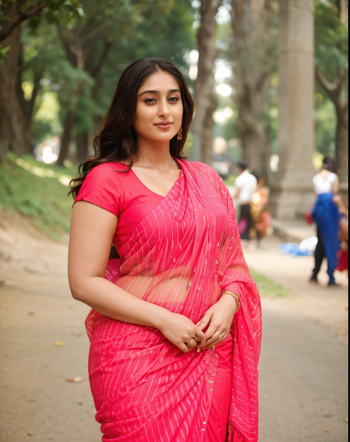  A close-up photo of Kareena Kapoor with a breathtaking thick-bodied curvy body. She is wearing a black, tight-fitting plain, v-neck sleeveless blouse and saree. Her hair is long, styled traditional braid, wearing a jhumka. She is smiling with confident, hands on hip, side pose, underarms, looking at the camera, in the park , high contrast, natural lighting, 4k resolution, realism