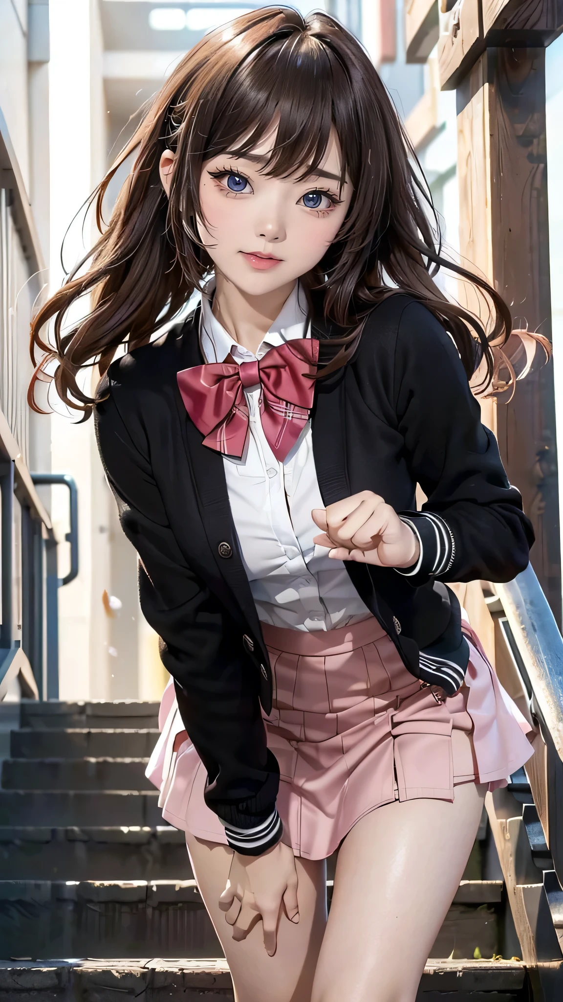 1girl in, Dark blue hair, Bangs, Long hair, Sparkling eyes, longeyelashes, makeup, lightsmile, depth of fields, One-person viewpoint, close-up, From below, wide angles, F/1.8, 135 mm, canon, nffsw, retinas, masutepiece, ccurate, Anatomically correct, Textured skin, Super Detail, high details, High quality, Best Quality, hight resolution, 1080p, 4K, 8K,(Female student climbing the stairs of school),46-point diagonal bangs,female students、((uniform: White blazer with emblem on the chest))、Translucent white blouse、(red bowtie)、（(Miniskirts in bright colors,Check stripe)（）、A smile,((Skirt soars in the wind)),((White T-back panties visible)),((posterior view)),((Looks Back))、