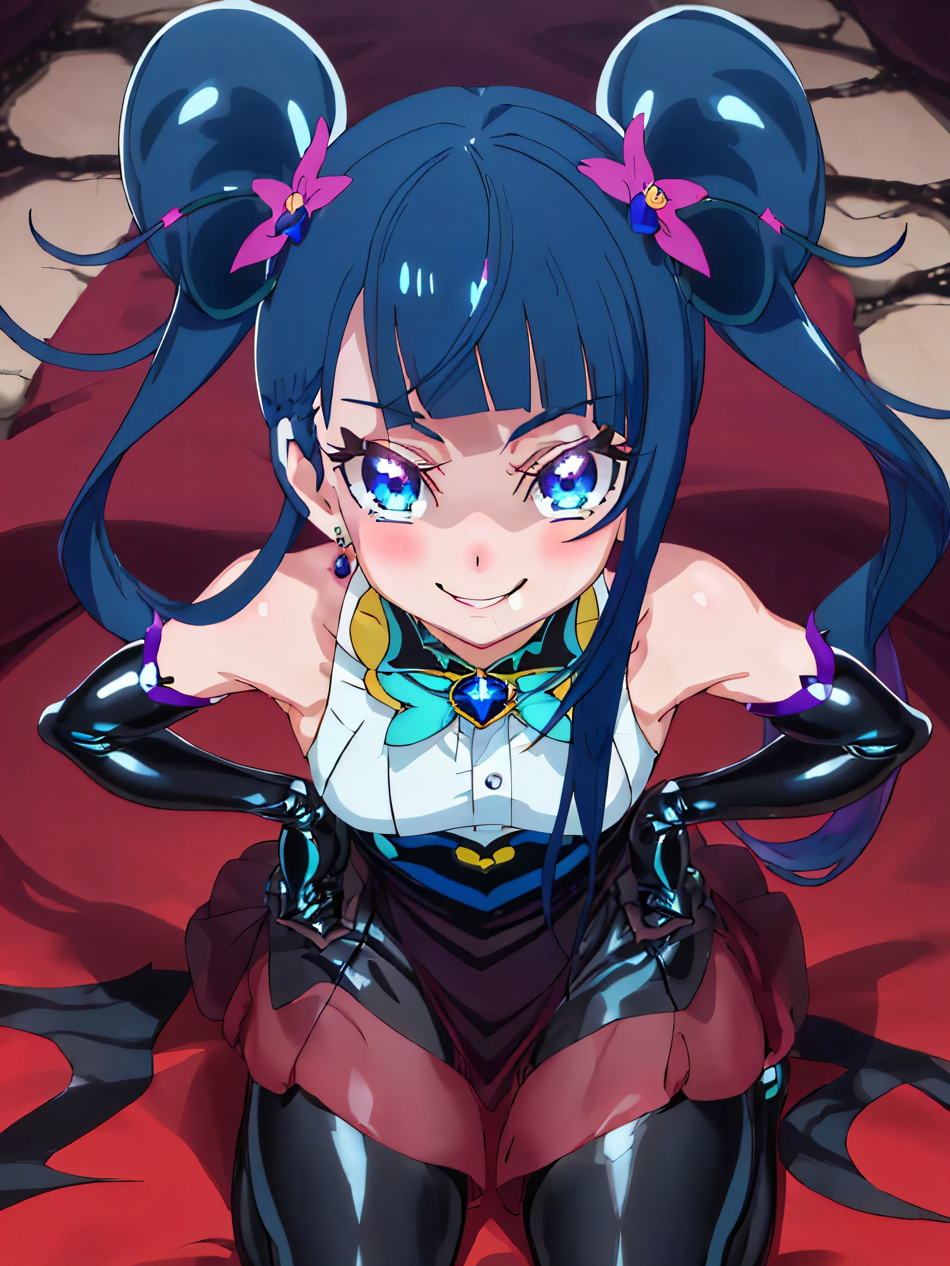 Highest quality, Very detailed,One Girl, alone, {cure_null_hirogarunullprecure:1.15}, Dark blue hair, blue eyes, Blue flames in the eyes, Long Hair, Twin tails, Magical girl, bangs, Open your mouth, Redhead, multicoloRedhead, One Girl, blunt bangs, Darken your clothes, hair ornaments, Wicked Smile, devilish aura (Shiny fabric:1.5), Full Body Shot, Purple Gemstone, attractive, blush, (Beautiful attention to detail:1.6), Very detailed顔, Perfect lighting, Extremely detailed CG, (Perfect hands, Perfect Anatomy), devil, black color scheme, Shiny material, Grin, Black ribbon, black satin gloves, Evil clover leaf ornament, Black frills, jewelry, corruption, Latex Gloss, Black Gothic Cape, Wicked Smile,(Spooky world)))), (((Horror World))) ,((masterpiece)), ((Highest quality)), ((Very detailed)), (figure), ((Very delicate and beautiful)), , cloudy null, CG Style, One-sided black wing,Dark shadowed face,Sadistic smile,Malice,Contempt,smile,black,Perfect hands,Perfect body,shiny latex Elbow full gloves,Perfect face,Black Miasma、
