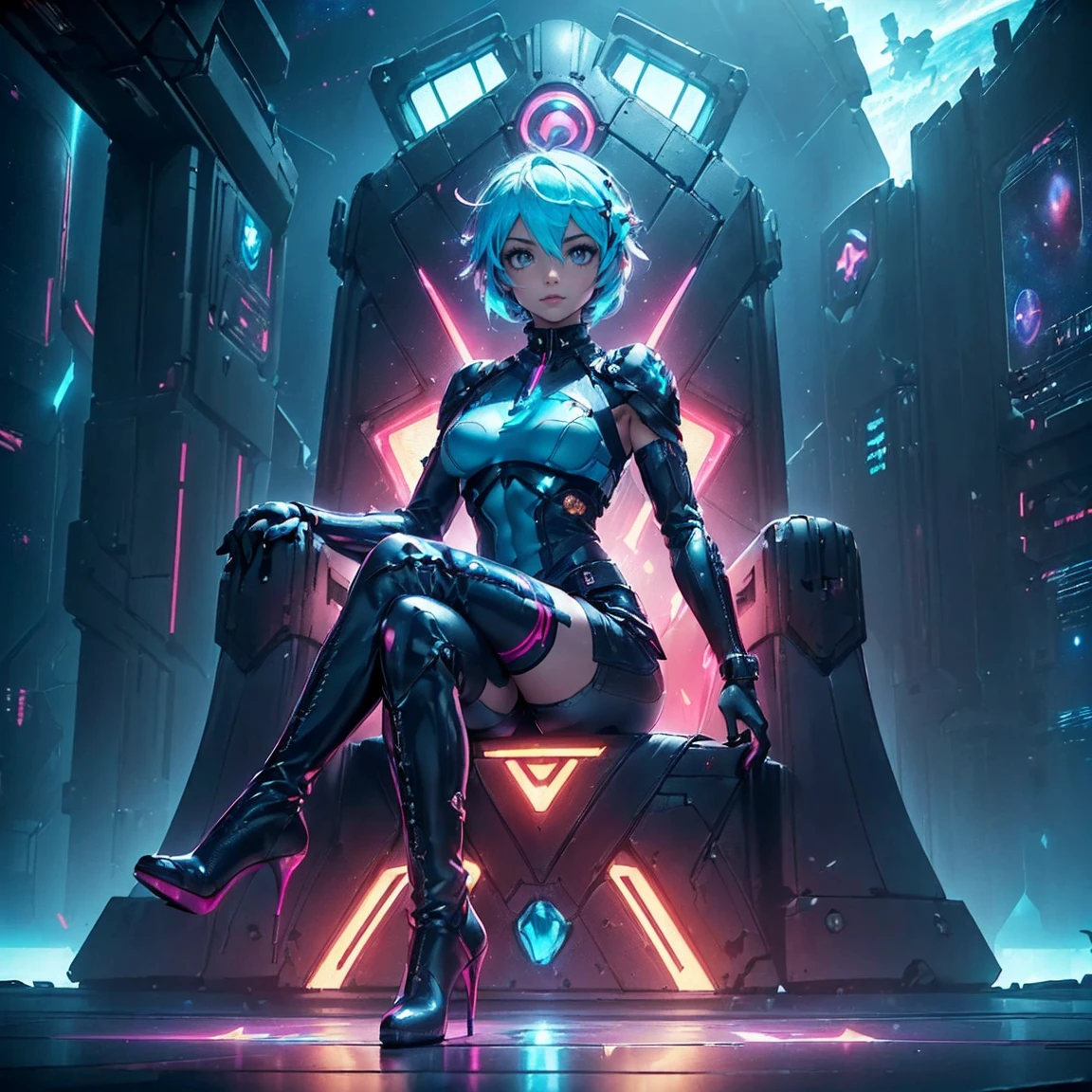 ((1girl, solo ,alone)), ((solo, 1woman, (pink lipstick, ( sinon1, light blue hair, short hair, light blue eyes, small bust ), woman, lipstick), Extremely detailed, ambient soft lighting, 4k, perfect eyes, a perfect face, perfect lighting, a 1girl)), ((solo, (1woman, lipstick), Extremely detailed, ambient soft lighting, 4k, perfect eyes, a perfect face, perfect lighting, a 1girl)), , ((fitness,, shapely body, athletic body, toned body)), (( futuristic clothing, space suit, cyberpunk suit, spaceship abort, ship's control room, window, universe in the background, galaxies, nebulae, stars, constellations, boots with heels, high heels boots, stiletto heels, knee-high boots, space technology, throne, futuristic throne, cyber throne, technological throne, sitting cross-legged, crossed legs ))