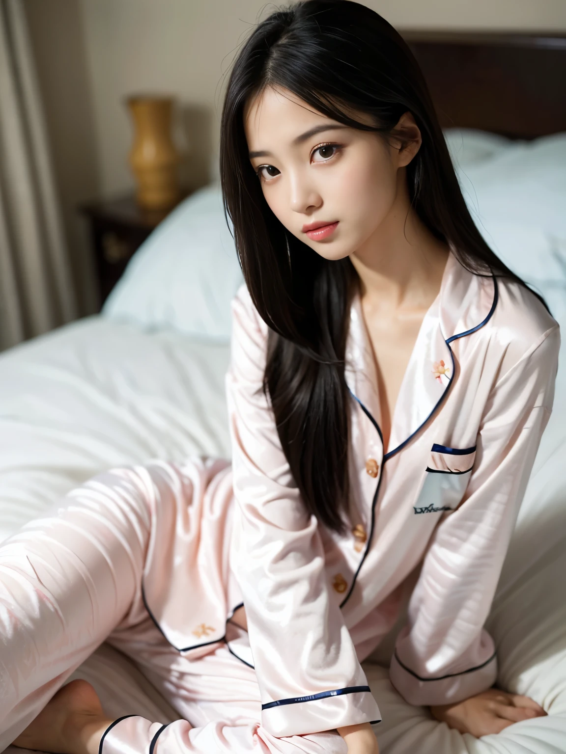 (((masterpiece))), (((best quality))), ((ultra-detailed)), (illustration), (detailed light),((an extremely delicate and beautiful)),(beautiful detailed eyes), BREAK 1girl, solo,(tareme:1.3),(droopy eyes:1.3),BREAK brown,ponytail, Silk pajamas,sitting,beautiful thighs,smile