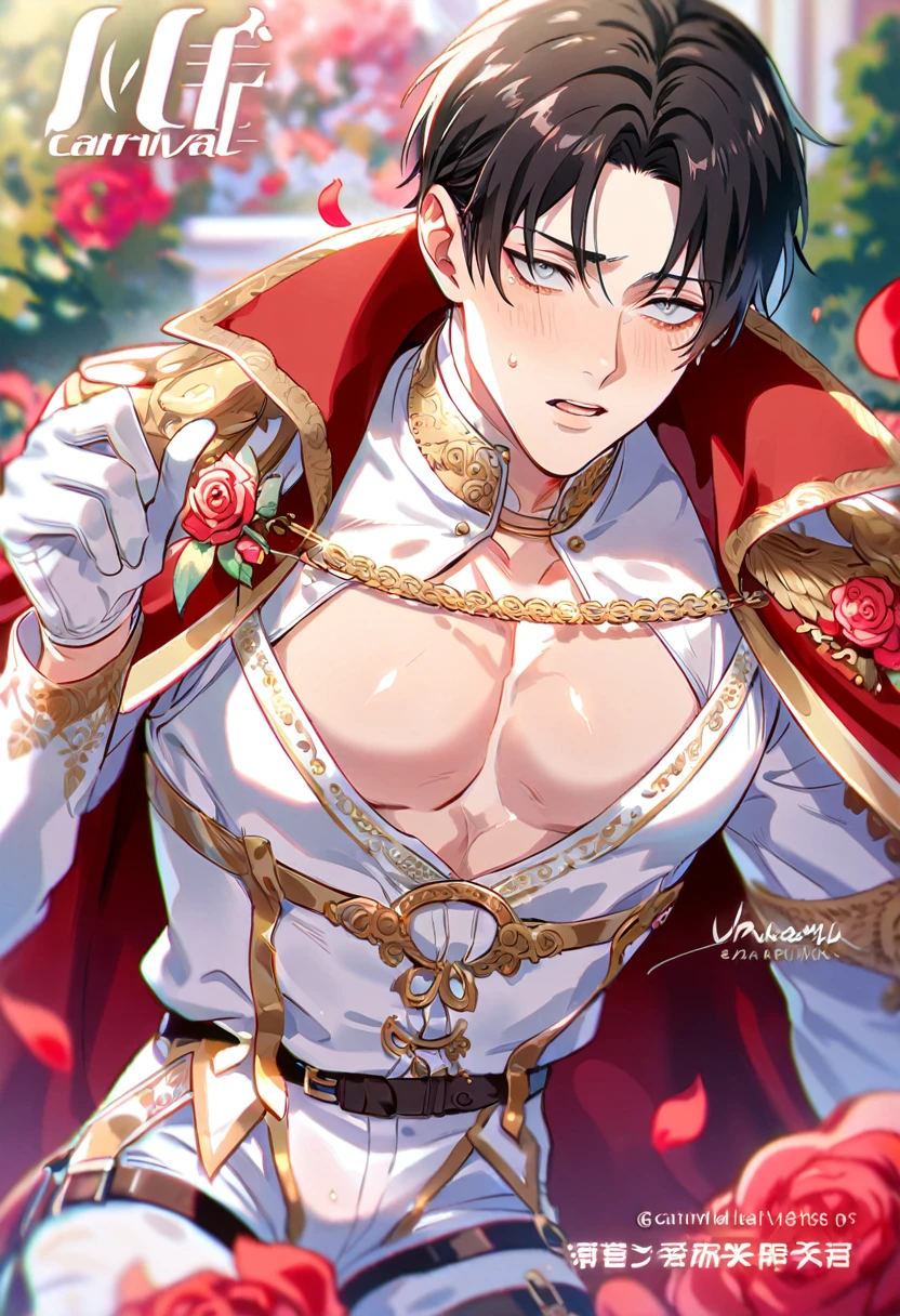 absurdres, highres, ultra detailed, HDR, masterpiece, best quality, detailed face, detailed eyes, Levi Ackerman, black hair, expressive gray eyes, Shingeki No Kyojin, Nu Carnival, solo, sexy man, adult face, handsome, sensual, horny, erotic, fantasy white prince clothes, fancy clothes, prince, red cape with high collar, white gloves, white pants, accessories, showing the chest, garden, red roses, red petals 