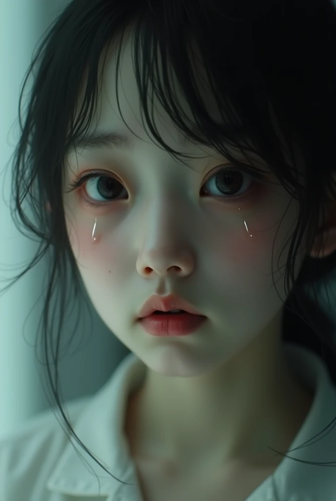 An ugly fat faced girl with small eyes, nose and lips and with boack-brown mixed hair very less crying out of some internal pain