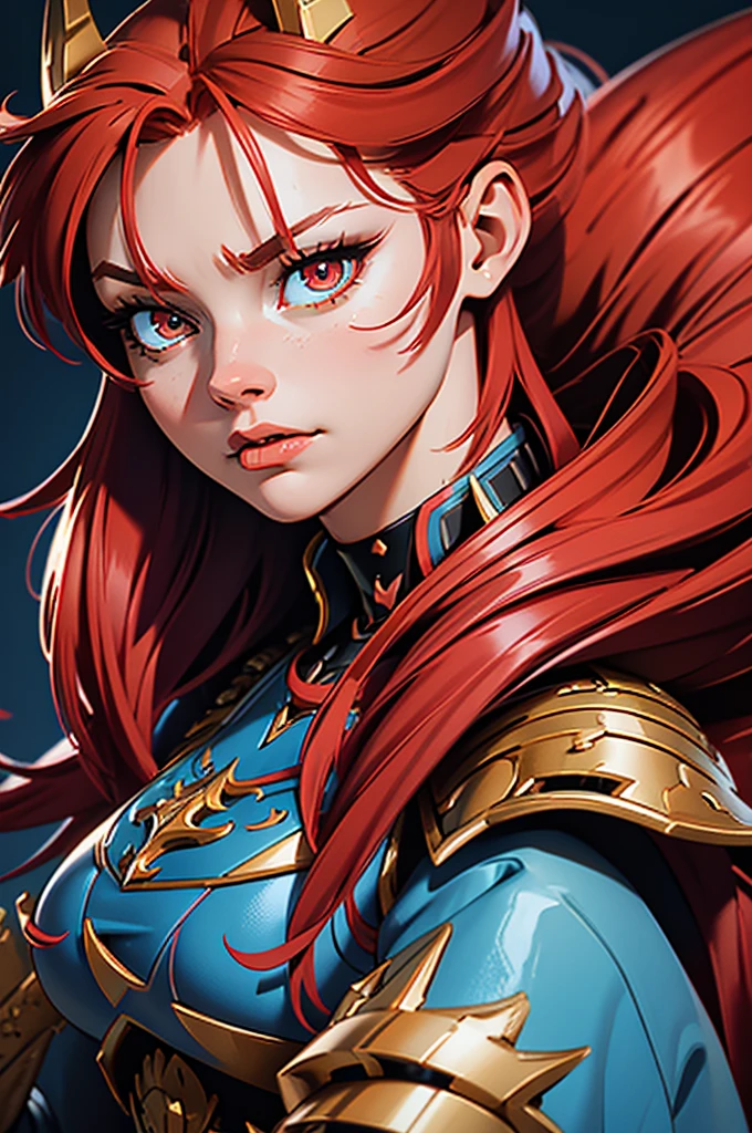 beautiful blue ice dragon woman, realistic detailed face, fire red hair, golden eyes, two tails, wearing golden armor with red and black details, highly detailed, intricate, fantasy, cinematic lighting, dramatic colors, 8k, hyper realistic, masterpiece