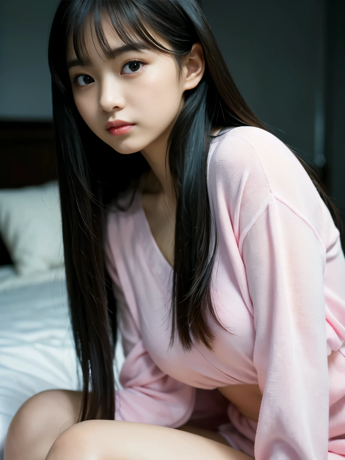 1girl, top view, beautiful young malaysian girl, 16yo, lying on the bed, wearing a white short-sleeved shirt and a navy blue skirt, beautiful face, cute, blushing, flowing hair, black hair, pale skin, small breast, sexy, spread legs, open skirt, showing her pink underwear, hands behind the head, brown eyes, natural light,
