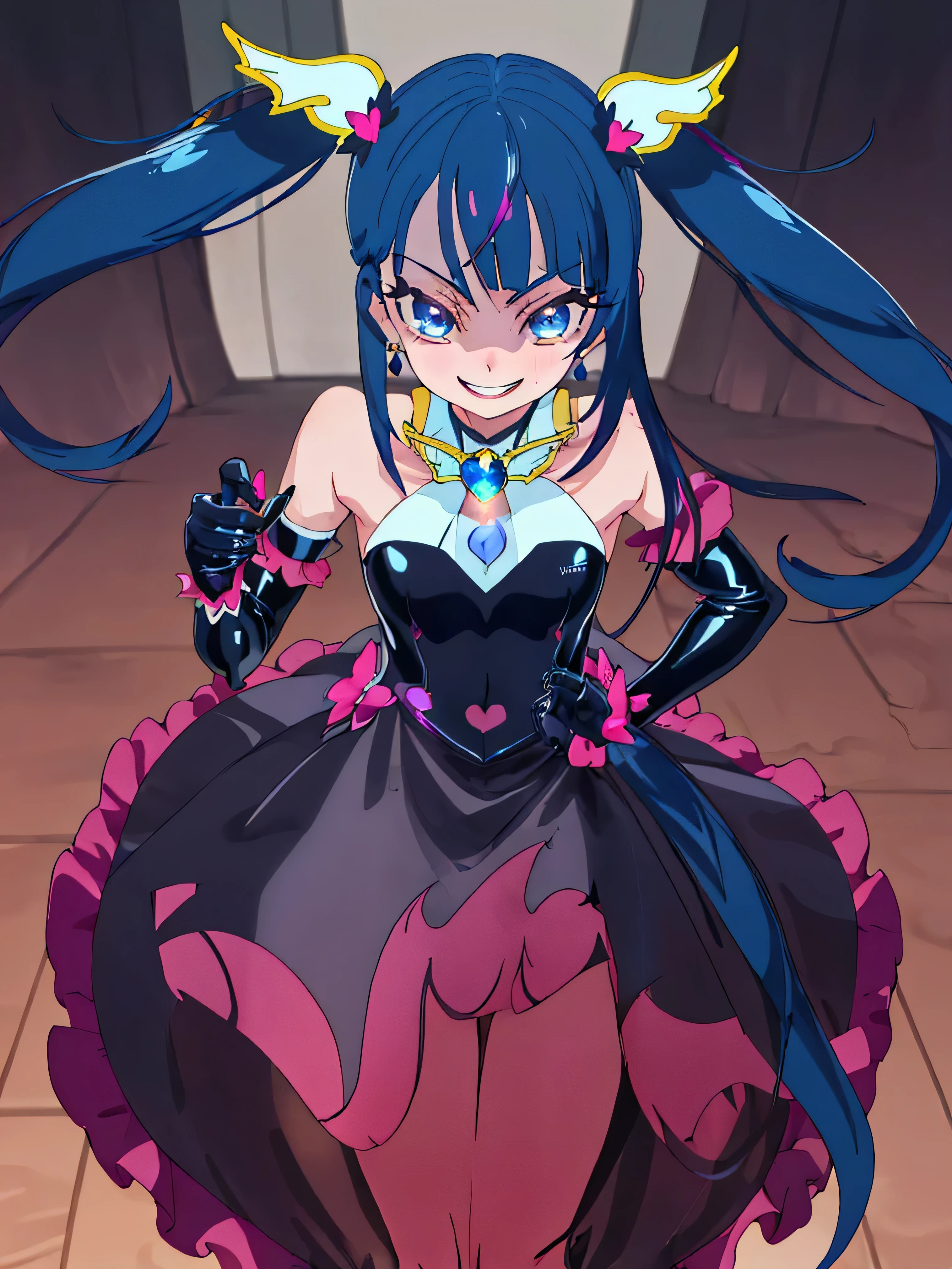 Highest quality, Very detailed,One Girl, alone, {cure_null_hirogarunullprecure:1.15}, Dark blue hair, blue eyes, Blue flames in the eyes, Long Hair, Twin tails, Magical girl, bangs, Open your mouth, Redhead, multicoloRedhead, One Girl, blunt bangs, Darken your clothes, hair ornaments, Wicked Smile, devilish aura (Shiny fabric:1.5), Full Body Shot, Purple Gemstone, attractive, blush, (Beautiful attention to detail:1.6), Very detailed顔, Perfect lighting, Extremely detailed CG, (Perfect hands, Perfect Anatomy), devil, black color scheme, Shiny material, Grin, Black ribbon, black satin gloves, Evil clover leaf ornament, Black frills, jewelry, corruption, Latex Gloss, Black Gothic Cape, Wicked Smile,(Spooky world)))), (((Horror World))) ,((masterpiece)), ((Highest quality)), ((Very detailed)), (figure), ((Very delicate and beautiful)), , cloudy null, CG Style, One-sided black wing,Dark shadowed face,Sadistic smile,Malice,Contempt,smile,black,Perfect hands,Perfect body,shiny latex Elbow full gloves,Perfect face,Black Miasma、
