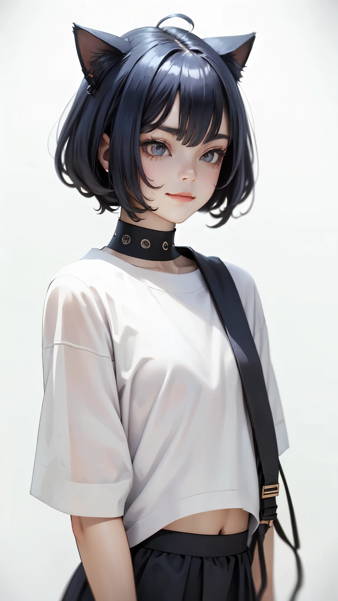 very young slim fit girl, full height, rounded face, very short disheveled dark blue hair, big yellow eyes, shy smile, perfect flat breast, band on head with fake cat ears, look at you, (ahoge:1.2), megane, (white wall, simple scene, white backgrounds, clean scene:1.4), sashagrey, a strand of hair from the bangs hangs between the eyes, accurate small snub nose 