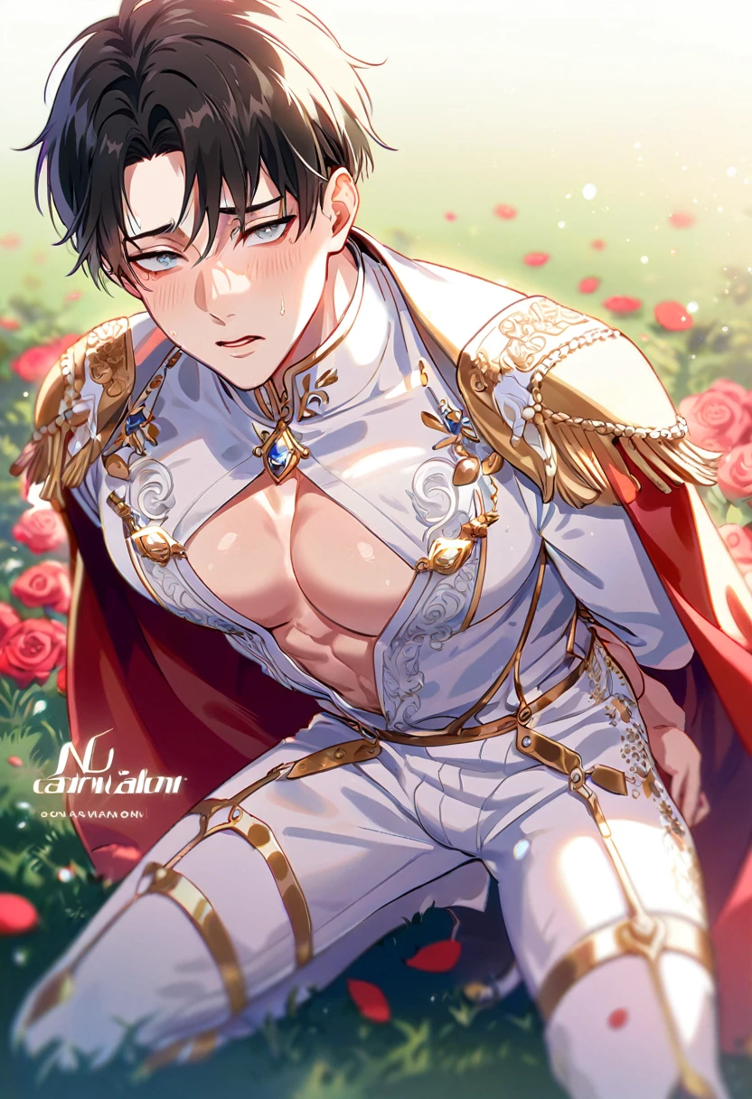 absurdres, highres, ultra detailed, HDR, masterpiece, best quality, detailed face, detailed eyes, Levi Ackerman, black hair, expressive gray eyes, Shingeki No Kyojin, Nu Carnival, solo, sexy man, adult face, handsome, sensual, horny, erotic, big pecs, fantasy white prince clothes, fancy clothes, prince, red cape with high collar, white gloves, white pants, accessories, showing the chest, kneeling down on the grass, garden, red roses, red petals 