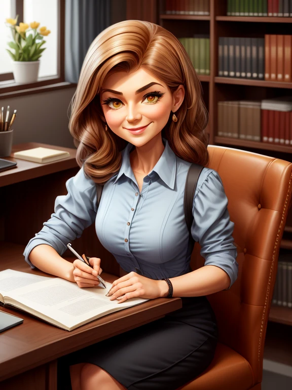 a woman sitting at a desk with a cup of coffee in her hand, by Elina Karimova, in cartoon style, charicature, by andrei riabovitchev, caricature style, by Igor Kufayev, caricature!!!, by Alexander Litovchenko, proffesional illustration, by Bencho Obreshkov, by Andrey Esionov