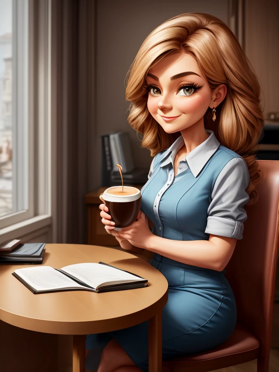 a woman sitting at a desk with a cup of coffee in her hand, by Elina Karimova, in cartoon style, charicature, by andrei riabovitchev, caricature style, by Igor Kufayev, caricature!!!, by Alexander Litovchenko, proffesional illustration, by Bencho Obreshkov, by Andrey Esionov