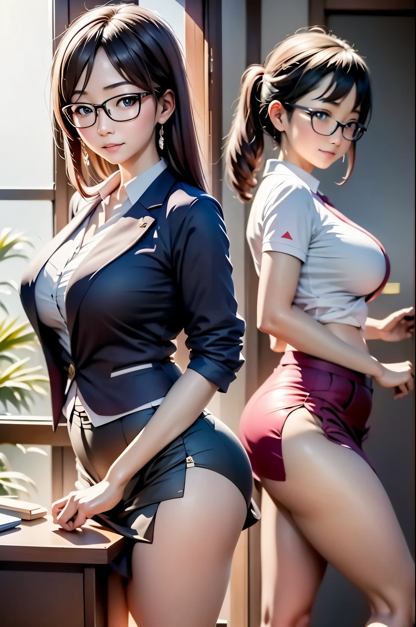 Beautiful Japanese woman in golf clothes, real person, detailed body, Breaking and entering, live action, glasses, flipped skirt, Office Lady