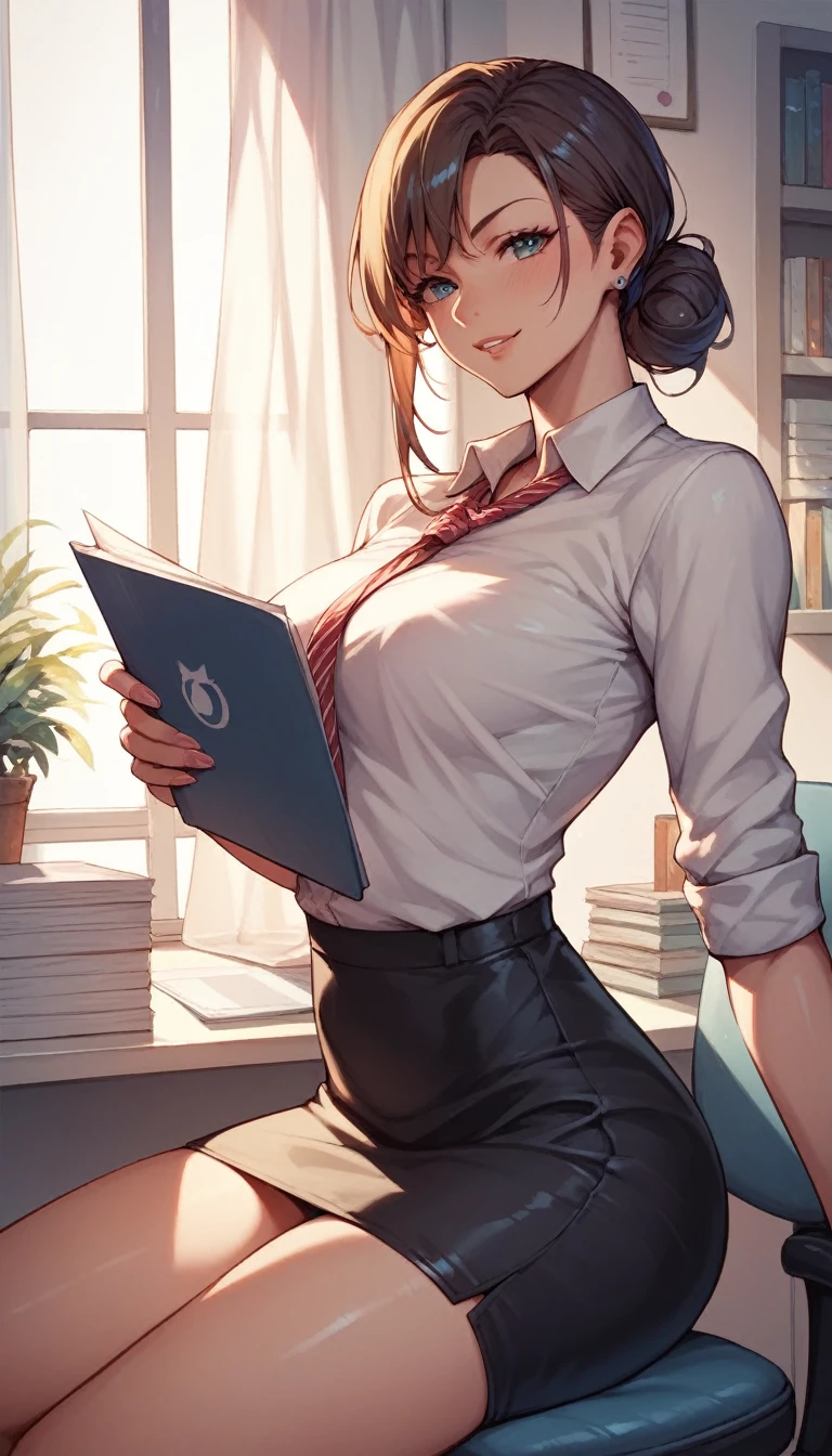 score_9, score_8_up, score_7_up, score_6_up, score_5_up, score_4_up, rating_explicit, anime, digital illustration, pixiv, fanbox, uncensored, BREAK official art, colorful, vivid,
1boy, jeans, bulge to ass, BREAK
1girl, sitting on lap, from above, from behind, leaning back, looking back, naughty face, cleavage, 
medium hair, large breasts, brown hair, brown eyes, side ponytail, star hair ornament,
loose crop top, spaghetti straps, (miniskirt:1.1), skirt lift, garter belt, thighhighs, panties,
indoors, bedroom, desk, study,
neolight