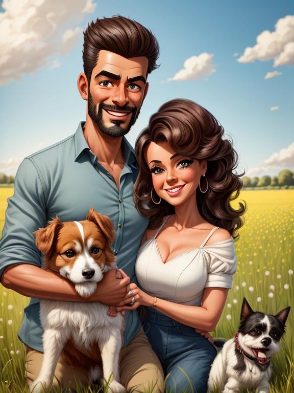 a cartoon of a man and woman holding a dog in a field, in cartoon style, caricature style, caricature illustration, couples portrait, caricature!!!, caricature, caricatural, cartoon portrait, cartoon style illustration, by Carla Wyzgala, charicature, by Maria Helena Vieira da Silva, realistic cartoon, by Melissa Benson, by Lisa Milroy