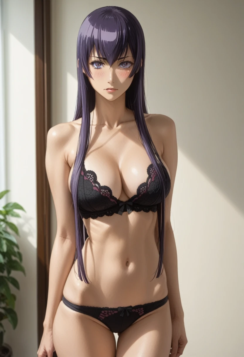 Anatomically normal、((Highest quality, 8K, masterpiece: 1.3)), (Perfect Body Beauty:1.8), (A perfect and beautiful figure with a beautiful whole body:1.8)、(Straight super long layered haircut: 1.2)、(Straight long bangs:1.8)、Highly detailed face and skin texture、(A small face that is too symmetrical, too pretty, too cute:1.8)、Big and beautiful eyes、Naturally lustrous, translucent white skin、(A hairstyle with super long straight layered bangs:1.8)、Brown hair color that is too bright and noticeable、(Thin, delicate and realistic small face:1.8)、(Branded purple(A strapless, tubular top made of knitted material that covers the bust from the armpits down.:1.8)、(Purple knitted tubular bra with no straps that wraps around the bust:1.8)、(Purple knitted tubular top with no straps that covers the bust from the armpits down:1.8)、(Purple knitted tubular bra with no straps that wraps around the bust:1.8)、、(Short enough to show under the bust:1.8)、(Her slim waist and belly button are clearly visible:1.8)、(紫色のA strapless, tubular top made of knitted material that covers the bust from the armpits down.:1.8)、(Purple knitted tubular bra with no straps that wraps around the bust:1.8)、bare clavicle、Naked shoulders、Deep cleavage、Thin and slender build、Too thin waist、Hourglass system、(Beautifully shaped, firm, large breasts:1.8)、(The bust is never visible:1.8)、(A plain navy denim miniskirt that's so short you can almost see her panties:1.8)、(Micro Mini:1.8)、(A miniskirt that is too short and is worn below the waist or below the belly button:1.8)、No anatomical abnormalities、(たった一人だけのOne girl:1.8)、solo、(Always be alone in the photo:1.8)、(One girl:1.8)、(No anatomical abnormalities:1.8)、(Only one person is in the picture:1.8)、No anatomical abnormalities、(She has fallen in love with the viewer and is staring at him with loving eyes, wanting to have sex with him right away.:1.8)、Highly revealing、