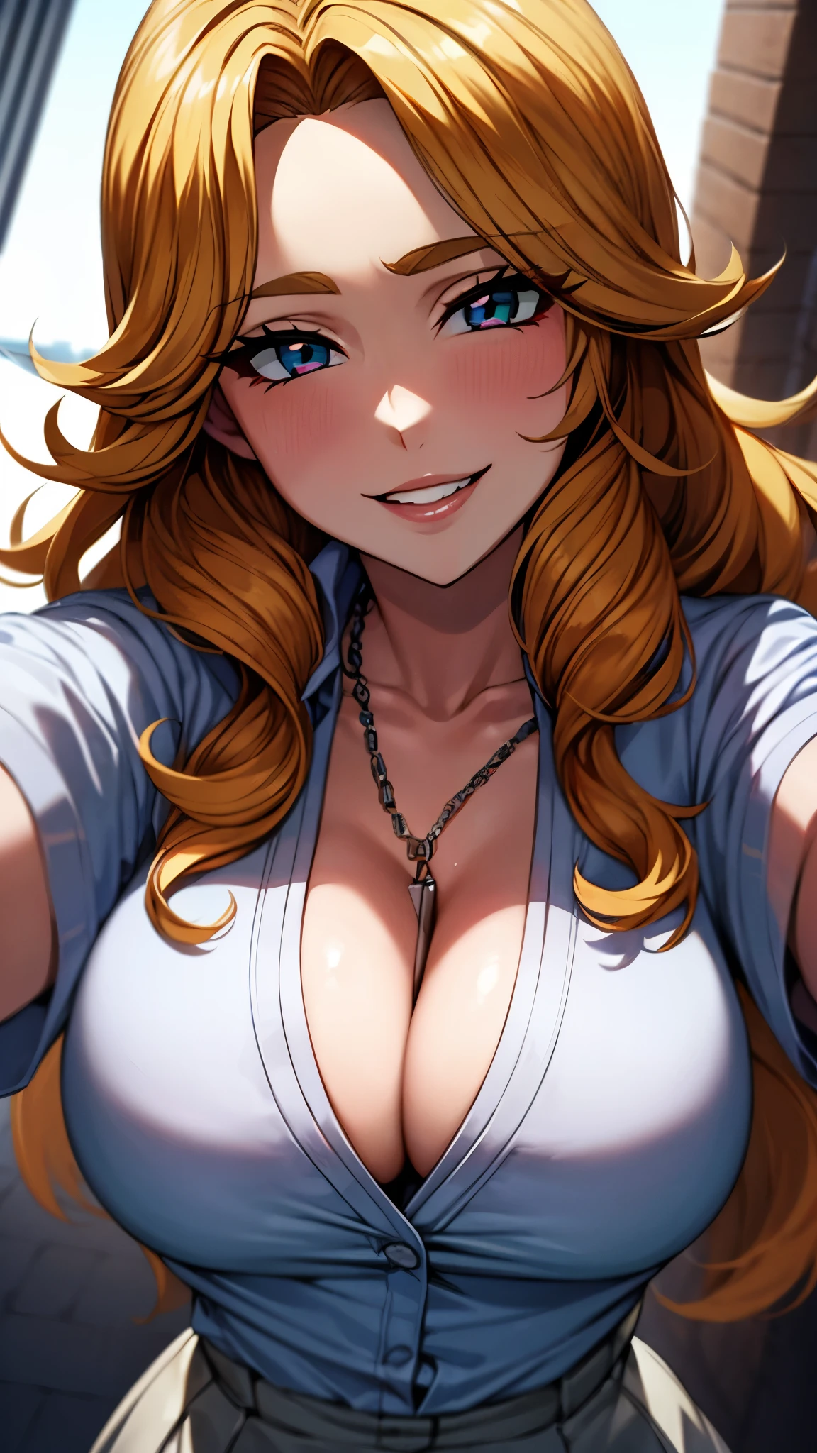 （super high quality,Ultra-high resolution,16k,super masterpiece,Ultra HD ,Detailed shading,）Upper body shot from below,One sexy woman,Matsumoto Rangiku,Long wavy blonde hair,A white dress shirt with a wide open collar,Unbutton up to the fourth button,Cleavage,Chain Necklace,Short sleeve,mini skirt,smile,Thick lips,Morning in the city,