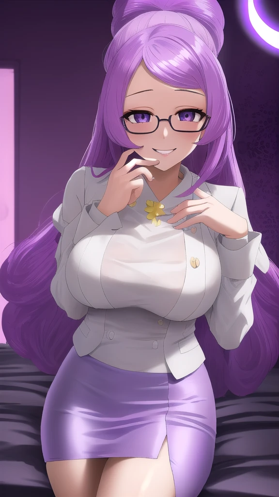  Erotic、Pokémon　Mimosa、Purple hair、Glasses、Big Breasts, Alone,teacher、 White dress shirt、Black pencil skirt, Purple Lingerie、Purple evil background、Hotel　bed 、Best Quality, Detailed face, Detailed eyes, High resolution,、Evil female executive、Wicked Smile、Sexy pose、Fallen into evil、Fall into Darkness、Dark Side