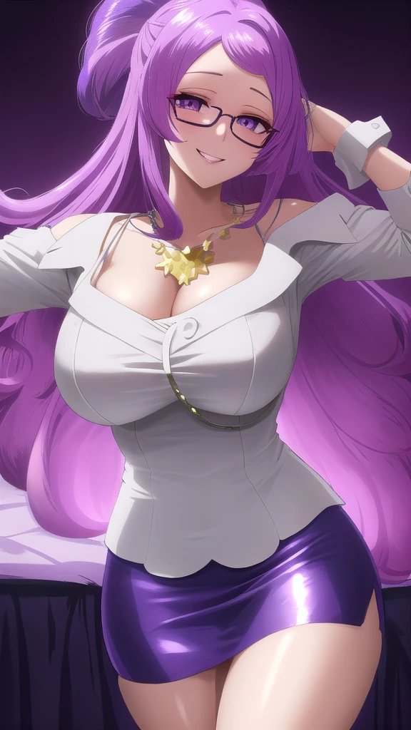  Erotic、Pokémon　Mimosa、Purple hair、Glasses、Big Breasts, Alone,teacher、 White dress shirt、Black pencil skirt, Purple Lingerie、Purple evil background、Hotel　bed 、Best Quality, Detailed face, Detailed eyes, High resolution,、Evil female executive、Wicked Smile、Sexy pose、Fallen into evil、Fall into Darkness、Dark Side