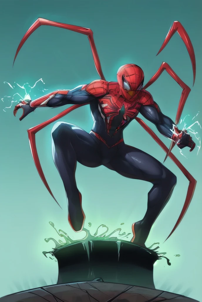 Overall Appearance:
The character combines elements from various Spider-Men and Voidraze Nexus Prime, creating a sleek and imposing figure.

Head:

	•	Mask: The mask is a deep black with glowing angular red eyes reminiscent of Spider-Man 2099, and a retractable mouthplate that hints at a fierce, dragon-like visage. The eyes pulse with energy, showcasing his heightened senses.
	•	Symbiotic Patterns: Intricate, shifting patterns of crimson and emerald green flow across the mask, giving it a living appearance.

Torso:

	•	Suit Material: The suit is a seamless blend of advanced nanotech and organic symbiote material, appearing sleek and flexible while offering immense protection.
	•	Chest Emblem: A digital spider emblem sits at the center of the chest, glowing softly with a pulsating energy, surrounded by a swirling symbiotic spiral symbol that reflects his unique lineage.
	•	Armor Elements: Subtle armor plating enhances vital areas, merging form with function, providing both flexibility and defense.

Arms:

	•	Claws and Tendrils: From his wrists extend retractable claws made from a nanometal alloy, glinting menacingly. Dark tendrils, resembling symbiote limbs, can be seen coiling around his forearms, ready to strike or assist in traversal.
	•	Gauntlets: High-tech gauntlets feature embedded web-shooters that launch energy webs, capable of forming constructs or trapping enemies.

Legs:

	•	Pants: The lower portion of the suit is form-fitting and designed for agility, featuring segmented panels that allow for a full range of motion. The dark material transitions into a shimmering emerald green toward the boots.
	•	Boots: Advanced boots equipped with nano-boosters allow for short bursts of flight. They have clawed tips for climbing and enhanced traction.

Pose standing stright facing forward 
