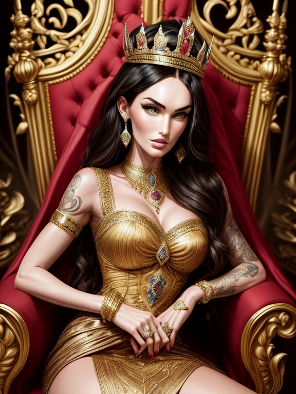 a cartoon of a woman sitting on a couch with a crown on her head, in cartoon style, portrait of megan fox as a queen, by Elena Guro, on her throne, sitting on her throne, lovely queen, by Nicholas Marsicano, sitting on an royal throne, beautiful queen, posing as a queen, caricature style, by Elina Karimova