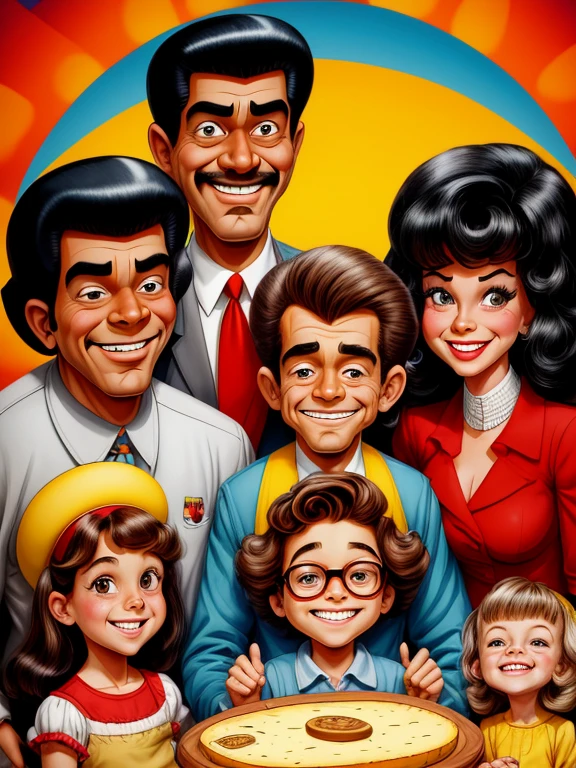 a cartoon of a family with cheese on their head, by Ben Zoeller, mad magazine illustration, by Ron Walotsky, by Fred Mitchell, in cartoon style, by Randy Gallegos, caricature style, by John Backderf, by Harry Beckhoff, by Penry Williams, cartoon illustration, by Joe Mangrum, by Arnie Swekel