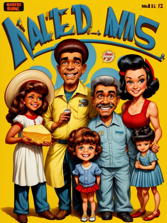 a cartoon of a family with cheese on their head, by Ben Zoeller, mad magazine illustration, by Ron Walotsky, by Fred Mitchell, in cartoon style, by Randy Gallegos, caricature style, by John Backderf, by Harry Beckhoff, by Penry Williams, cartoon illustration, by Joe Mangrum, by Arnie Swekel