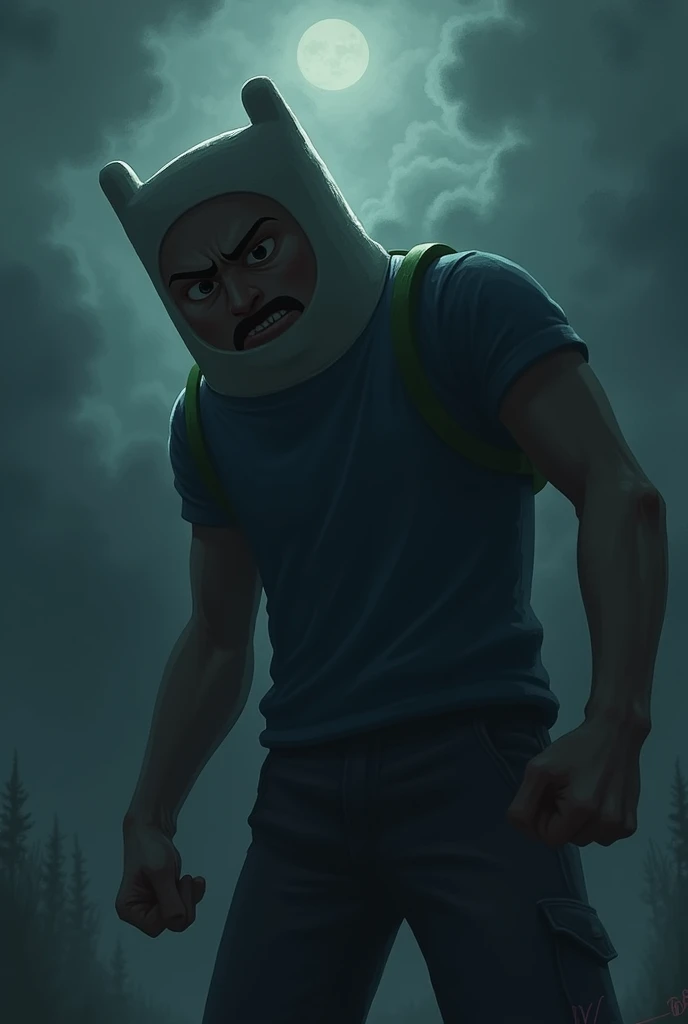 Adventure Time cartoon wallpaper with dark and gloomy color tones and the character Finn is visibly tired and he is in a fighting position, the viewpoint is from below to above with clone in it and he is turned with his back looking at the sky