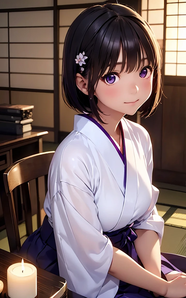 High resolution,In 8K,Best Quality,detailed,Semi-realistic anime,Anime 3D Style,Smooth anime CG,One Girl,1 Japanese woman,slim,Modeled,((Round, shiny black hair like a kokeshi doll)),((The candle is next to the desk)),((Sitting at a low study desk)),((Japanese female calligrapher)),(((Cowboy Shot))),((Short cut to the cheek)),((Shiny, beautiful hair)),((Short Bob)),detailedな顔,Beautiful and detailed,Beautiful and detailed,((Old Japanese Houses)),Glowing Skin,(((White Haori))),(Purple Hakama),Deep violet sparkling eyes,(Small breasts),((Looking at the camera)),((Shut your mouth.)),(A face that noticed something)